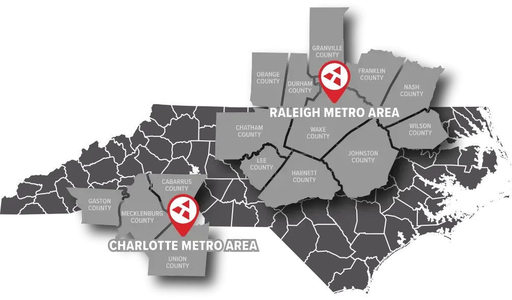 Pest Control Service Area Map for Raleigh and Charlotte