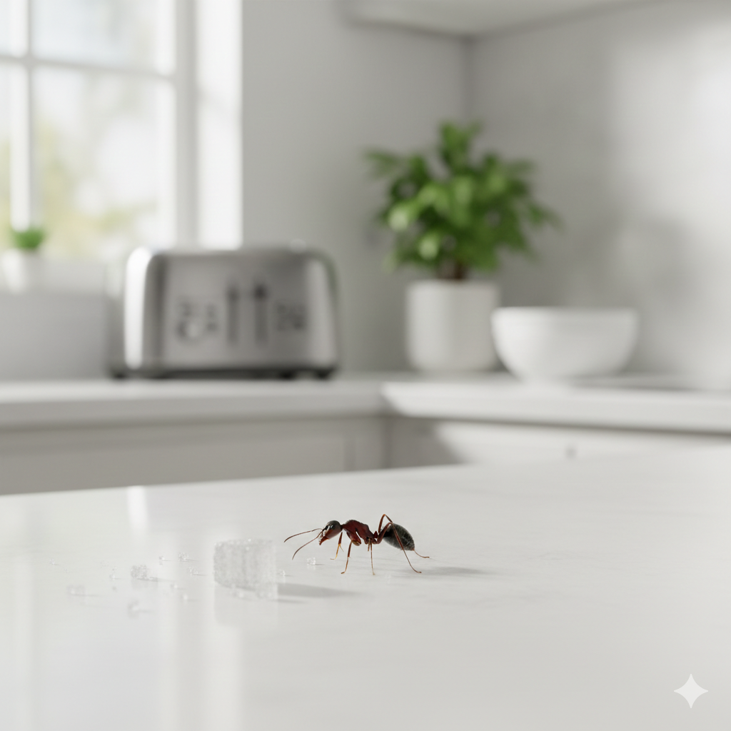 Ant on kitchen countertop during late winter pest activity before spring