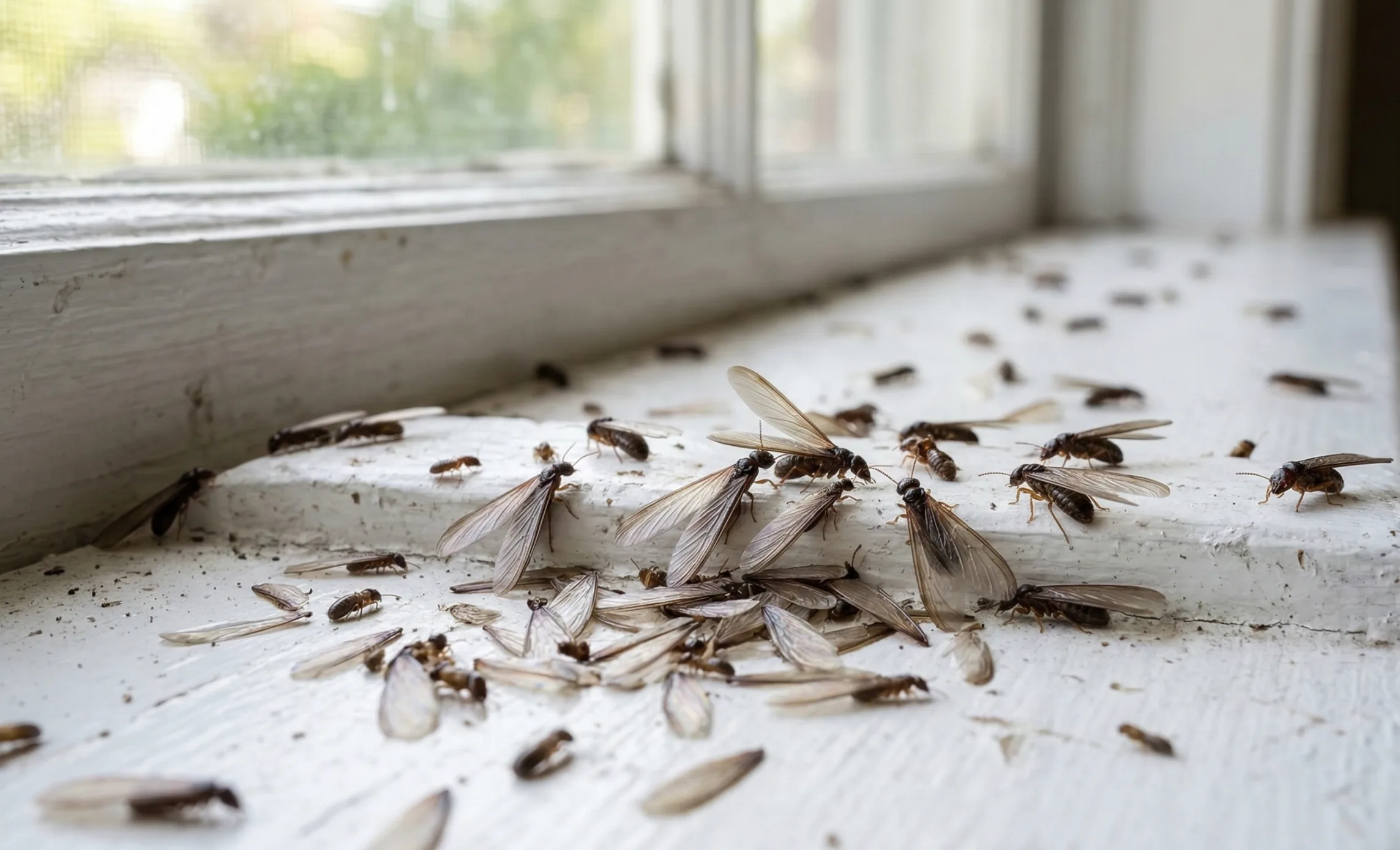 Termite swarmers and discarded wings on a windowsill during spring swarm season in Raleigh NC